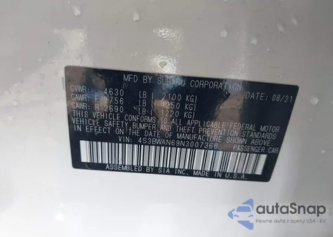 2022 Subaru Legacy Limited z USA, uszkodzony, nr VIN 4S3BWAN69N3007366